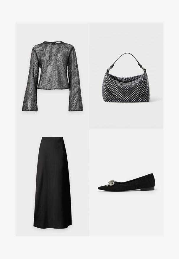 Schwarzes, langärmliges Oberteil mit durchsichtigem Design, das mit strukturierten Pailletten verziert ist und einen runden Ausschnitt hat. Die Kanten sind mit schwarzem Saum versehen.; Schwarzer Satin-Maxirock mit glatter Textur, hoch tailliertem Design, fließender Silhouette und ohne sichtbare Muster oder Hardware-Details.; Schwarzer Wildlederschuh mit spitzem Zeh, verziert mit einer dekorativen silbernen Schleife an der Vorderseite, mit niedrigem Absatz.; Schwarze und silberne Handtasche mit einer gewobenen, strukturierten Oberfläche, die quadratische Muster aufweist, einem einzelnen oberen Griff und einem lässigen Design.