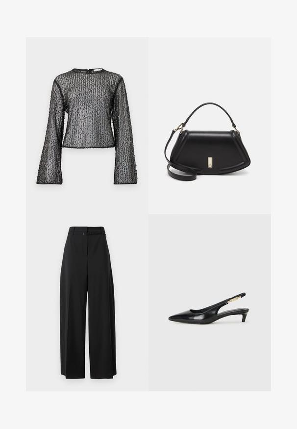 Top negro de mangas largas con un diseño transparente, que presenta lentejuelas texturizadas y un escote redondo. Bordes acabados con un ribete negro.; Pantalones de pierna ancha negros con cintura alta y cinturón. Presentan una textura suave y líneas limpias, diseñados para un ajuste relajado.; Tacones negros de piel sintética tipo slingback con punta afilada, que cuentan con un tacón delgado y un detalle en tono dorado en la correa ajustable. Textura suave.; Bolso de mano de cuero negro con un diseño estructurado, que presenta una forma recortada, asa superior y acentos en dorado. Correa de hombro ajustable incluida.