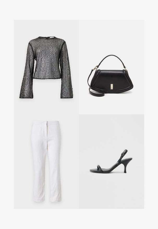Schwarzes, langärmliges Oberteil mit durchsichtigem Design, das mit strukturierten Pailletten verziert ist und einen runden Ausschnitt hat. Die Kanten sind mit schwarzem Saum versehen.; Weiße Baumwollhose mit geradem Bein, mittelhoher Taille und ohne sichtbare Beschläge oder Muster. Glatte Textur auf der gesamten Fläche.; Schwarze Leder-Sandalen mit hohen Absätzen, schlankem, gebogenem Absatz und gekreuztem Riemendesign. Verstellbarer Knöchelriemen. Glatte Textur.; Schwarze Lederhandtasche mit einem strukturierten Design, das eine verkürzte Form, einen oberen Griff und goldfarbene Hardware-Details aufweist. Verstellbarer Schulterriemen ist enthalten.