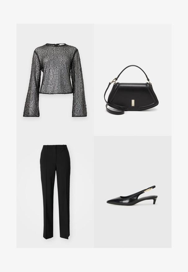 Fekete, hosszú ujjú felső áttetsző kialakítással, texturált flitterekkel és kerek nyakkivágással. Szélek fekete díszítéssel végződnek.; Fekete, testhezálló nadrág egyenes szárú kivitelben, sima textúrával és éles redőkkel az elején. Nincs látható fémalkatrész.; Fekete bőr slingback magassarkúk, hegyes orral, vékony sarkakkal és arany színű részlettel a állítható pánton. Simа felület.; Fekete bőr kézitáska, strukturált dizájnnal, rövidített formával, felső fogantyúval és arany színű kiegészítőkkel. Állítható vállpánt is tartozik hozzá.