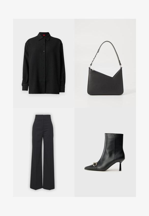 Camicia nera a maniche lunghe con bottoni, con sottili righe verticali bianche, colletto classico e polsini abbottonati.; Pantaloni a gamba larga in tessuto nero con vita alta, caratterizzati da una finitura pulita e una texture liscia. Nessun hardware visibile o motivi.; Stivale alla caviglia in pelle nera con punta affusolata, tacco sottile di media altezza e dettaglio in fibbia argentata sul lato, su sfondo semplice.; Borsa a mano in pelle nera con forma triangolare, una tracolla sottile e accessori in argento. Presenta una chiusura con zip e un logo impresso sul davanti.