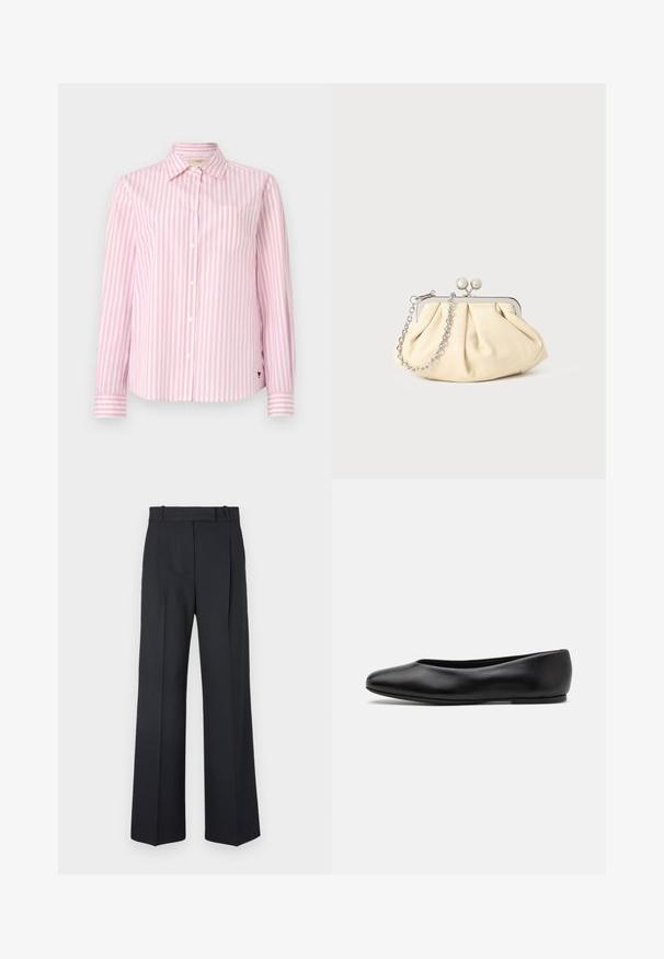 Pink and white striped button-up shirt with a collar, long sleeves, and pocket detail on the left chest. Smooth cotton fabric.; Dark blue pinstriped trousers with a high waist, wide leg design, and no visible hardware or embellishments. Smooth texture and tailored fit.; Paul Smith TOPANGA - Ballet pumps - black; Pleated beige leather clutch with a silver metal frame, featuring two round decorative clasps and a silver chain strap.