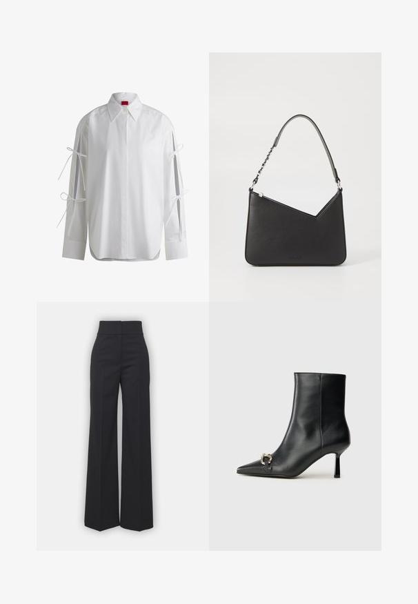 Vit skjorta med lång ärm, prydd med bandknutar på ärmarna och en rundad nederkant. Tillverkad av mjukt bomullstyg.; Vida byxor i svart tyg med hög midja, med en ren finish och mjuk textur. Ingen synlig hårdvara eller mönster.; Svart läderankelboot med spetsig tå, smal medelhög klack och silverfärgad spänndetalj på sidan mot en enfärgad bakgrund.; Svart läderhandväska med triangulär form, en smal rem och silverfärgad hårdvara. Har dragkedjestängning och logotyp prägling på framsidan.