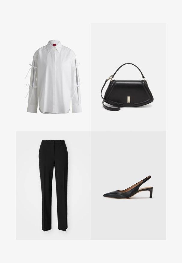 Camicia bianca con bottoni, a maniche lunghe, con nastri sulle maniche e orlo curvo. Realizzata in morbido tessuto di cotone.; Pantaloni neri su misura con un design a gamba dritta, caratterizzati da una texture liscia e pieghe ben definite sul davanti. Senza hardware visibile.; Pump slingback in pelle nera con punta appuntita, tacco basso e texture liscia. Presenta una sottile cinghia regolabile per una vestibilità sicura.; Borsa a mano in pelle nera con un design strutturato, caratterizzata da una forma corta, manico superiore e accessori in metallo dorato. Inclusa tracolla regolabile.