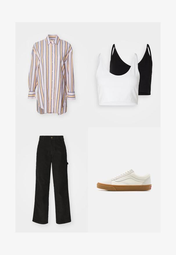 Chemise à manches longues avec des rayures verticales en pastel jaune, bleu et lavande. Elle présente un col et un ourlet courbé.; Deux tops courts en coton, l'un blanc et l'autre noir. Chacun a un décolleté plongeant et des fines bretelles, offrant une texture lisse et douce.; Pantalon en velours côtelé noir avec une coupe droite, doté d'une fermeture à bouton et de poches latérales. Texture lisse avec de fines rayures verticales.; Baskets basses en toile blanche avec une semelle en caoutchouc couleur gomme, bout rond, fermeture à lacets et détail en cuir sur le côté.