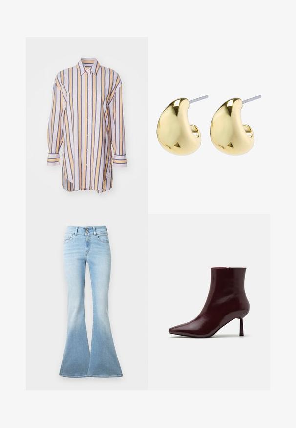 Koszula z długim rękawem z guzikami w pionowe paski w pastelowym żółtym, niebieskim i lawendowym kolorze. Posiada kołnierzyk i zaokrąglony dół.; Jasnoniebieskie dżinsy w stylu dzwonów wykonane z denimu. Charakteryzują się wysokim stanem z dwoma guzikami oraz lekkim wyblaknięciem w kierunku dołu nogawki. Klasyczny pięciokomorowy design.; Burgundowe lakierowane botki za kostkę z ostrym noskiem i smukłym obcasem w szpilkę, charakteryzujące się gładką, błyszczącą teksturą i minimalistycznym designem.; Złote kolczyki o gładkim, zaokrąglonym kształcie, z błyszczącą powierzchnią i zapięciu na sztyft, zapewniającym bezpieczne noszenie.