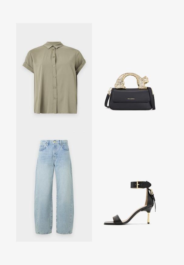 Trumpas rankovės, alyvuogių spalvos mygtukinis marškinis, pagamintas iš lengvos medžiagos, su klasikiniu apykakle ir sukūstais rankogaliais.; Šviesiai mėlyno denim tipo plačių kojų džinsai su aukšta juosmens linija, šiek tiek išblukę, penkiomis kišenėmis ir auksinės spalvos detalėmis. Hemas tiesus ir nepabaigtas.; Juodas odinis aukštakulnis šlepetės su kvadrato formos pirštu, kulkšnies dirželiu su auksiniu užsegimu ir liesu metaliniu kulnu. Lygus paviršius, minimalistinis dizainas.; Juodas odinis rankinukas su auksine katės formos rankena, turintis priekinę atvartą, reguliuojamą diržą ir logotipo detalę apatiniame priekyje.