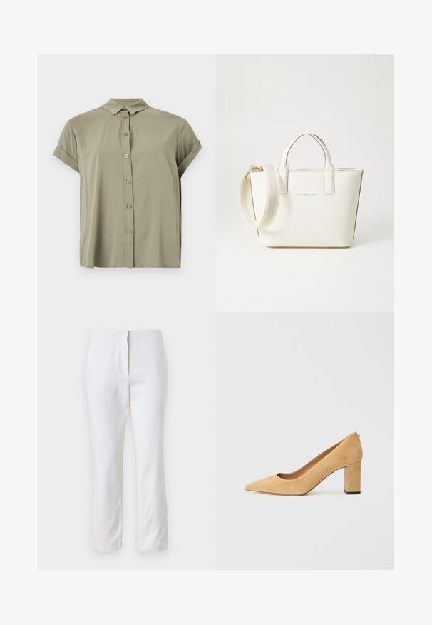 Kurzärmeliges, olivgrünes Button-Down-Hemd aus leichtem Stoff, mit klassischem Kragen und aufgerollten Ärmeln.; Weiße Baumwollhose mit geradem Bein, mittelhoher Taille und ohne sichtbare Beschläge oder Muster. Glatte Textur auf der gesamten Fläche.; Beige Wildleder-Pumps mit hohem Absatz, spitz zulaufend und mit einem klobigen Blockabsatz. Das Material hat eine weiche Textur mit einer glatten Oberfläche.; Weiße Handtasche aus Kunstleder mit kurzen Henkeln, verstellbarem Schulterriemen und goldfarbener Hardware; verfügt über ein dezentes Logo auf der Vorderseite.