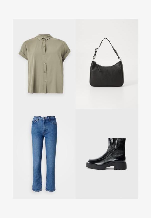 Krátký rukáv, olivově zelená košile na knoflíky vyrobená z lehkého materiálu, s klasickým límcem a ohrnutými manžetami.; Modré džíny z denimové látky se střihy rovného nohavice, klasickým pěti kapsovým designem, oranžovým švem a zapínáním na knoflíky.; Černé kotníkové boty s lesklým lakovaným povrchem, robustní černou gumovou podešví a zvýšeným podpatkem; obsahují jemný logo detail na boku.; Černá kožená kabelka s zakřiveným tvarem, s jedním popruhem, zipovým uzávěrem a decentním logem na přední straně. Hladká textura, minimalistický design.