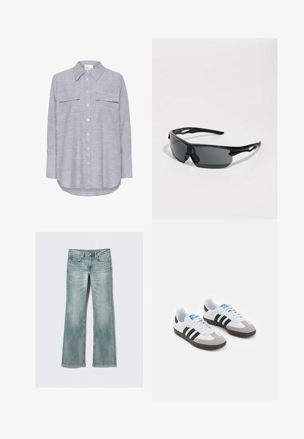 Cămașă cu dungi în albastru și alb. Prezintă un guler clasic, două buzunare pe piept și mâneci lungi cu manșete cu nasture.; Jeans din denim bleu deschis cu ușoare uzuri, cinci buzunare, închidere cu bătaie și picioare drepte, pe un fundal alb.; Încălțăminte sport cu un superior din piele albă, vârf din suede gri și trei dungi negre. Prezintă un logo albastru pe limbă și o talpă din cauciuc texturat.; Ochelari de soare sport negri, cu lentile curbate, cadru din plastic ușor și temples texturate. Design elegant cu piesă de nas integrată.; Geantă din piele împletiță neagră, cu un design lejer, prezentând o curea legată și un mic stud decorativ de culoare aurie în partea de sus.