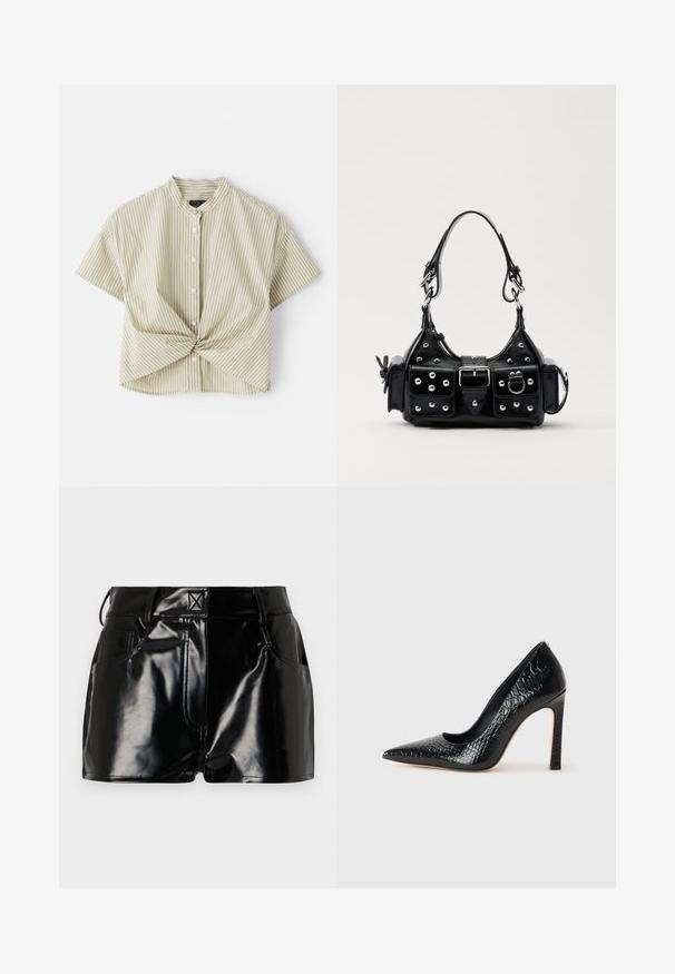 Kortærmet skjorte med krave i lysegrøn med hvide lodrette striber; har en tvistet frontdetalje og knaplukning. Glat stofstruktur.; Sorte, blanke shorts lavet af syntetisk materiale. Har en tætsiddende talje, bælteslaufer og forlommer med fremtrædende stikninger.; Sorte spidse tå stiletto-sko i krokodilleskind med et strømlinet design, høj hæl og glat sort inderside.; Sort læderhåndtaske med et buet design, prydet med sølvfarvede nitter, en spænde og to sidelommer. Justerbar rem til forskellige bære muligheder.
