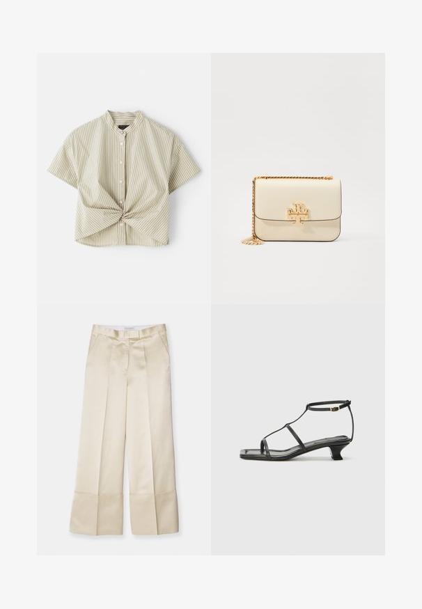 Korte mouwen, gekraagde blouse in lichtgroen met witte verticale strepen; heeft een gedraaide voorkant en knoopsluiting. Soepele stofstructuur.; Beige wijde broek in gladde stof met een hoge tailleband, geplooide voorkant en omgevouwen zoom, met zijzakken en een nette afwerking.; Zwarte leren sandaal met een vierkante neus, dunne banden, een verstelbare enkelriem en een lage hak. Heeft een kleine gouden accent op de band.; Crème lederen schoudertas met een gouden kettingriem, voorzien van een gouden logo-accent aan de voorkant en een strakke, elegante lijn.