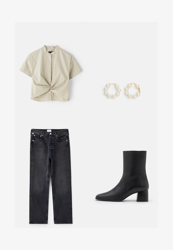 Kurzärmlige, kragenlose Bluse in Hellgrün mit weißen Vertikalstreifen; verfügt über ein verdrehtes Vorderteil und eine Knopfleiste. Glatte Stofftextur.; Schwarze Jeans aus Denim mit geradem Schnitt, fünf Taschen, silbernen Beschlägen und einer leicht verwaschenen Textur. Klassisches Design mit minimalen Details.; Schwarze Leder-Ankle-Boots mit spitzer Zehenpartie und einem klobigen, quadratischen Absatz. Glatte Textur mit nahtlosem Design und minimalistischem Nähen.; Perlenohrringe mit einer Klammer aus goldfarbenem Metall. Das Design umfasst mehrere glatte, weiße Perlen in kreisförmiger Anordnung.