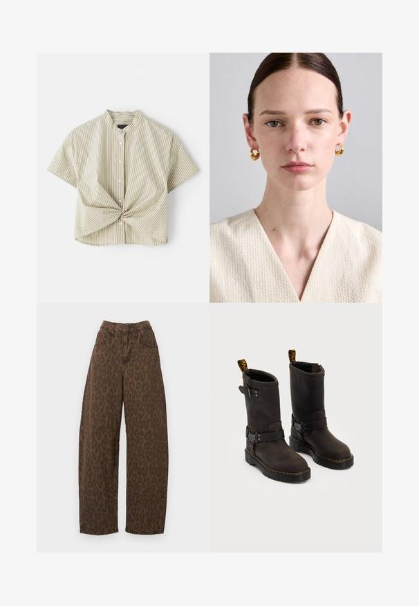 Lühikeste varrukatega, kaelusega bluus helesinisel taustal, millel on valged vertikaalsed triibud; sisaldab keeratud esiosa detaili ja nupukinnitust. Sile kangatekstuur.; Pruun leopardimustriga laiad püksid kõrge vöökohtaga, nupuga kinnitamine ja kaks esipocketit. Valmistatud pehmest denimprahvist.; Tumedate pruunid nahast saapad keskmise kannaga, kollased õmblused, reguleeritavad klambrid ja tõmblukud ülaosas. Marmoreeritud viimistlus.; Kuldse rõngaskõrvarõngad siledast pinnast, mida kannab heleda nahaga inimene, kellel on tekstuuriga kreemivärvi kangast V-kaelusega top.