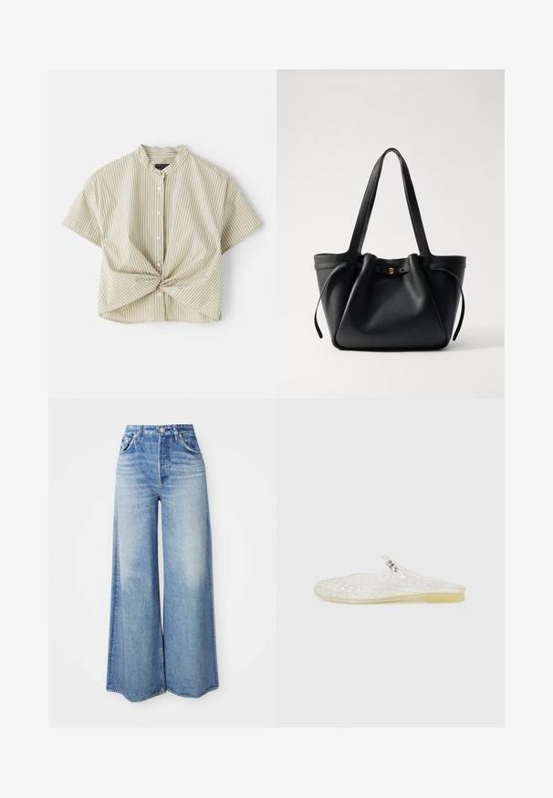 Bluză cu mânecă scurtă și guler, în verde deschis cu dungi verticale albe; dispune de un detaliu din față răsucit și închidere cu buton. Textură de țesătură netedă.; Jeans cu croi larg, din denim de culoare albastru deschis, cu talie înaltă, design cu cinci buzunare, spălare decolorată și tiv desfăcut.; Sandal transparentă din plastic, cu un model în rețea, vârf rotunjit și un mic accent argintiu pe curea. Talpă flexibilă de culoare translucidă.; Geantă tote din piele neagră, cu două bretele lungi, un vârf strâns și un accent circular auriu. Textură netedă cu un design minimalist.