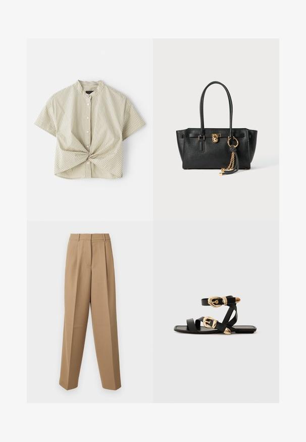 Blouse légère à manches courtes et col couleur vert clair avec des rayures verticales blanches ; présente un détail avant torsadé et une fermeture à boutons. Texture de tissu lisse.; Pantalons beige ajustés avec une taille haute, une devant plissé et une coupe évasée. Le tissu semble lisse avec un léger éclat.; Sandales en cuir noir avec des accents de boucles dorées, présentant plusieurs brides et un design de semelle plate pour un port ouvert.; Sac à main en cuir noir avec double anses, serrure dorée et détails en chaîne, et accessoire à pompon noir et blanc sur fond blanc.