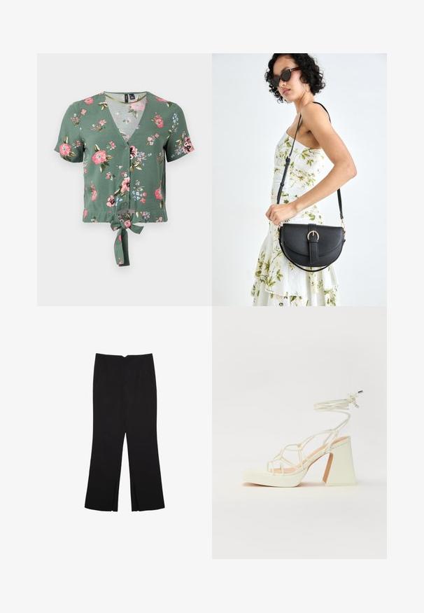 Top corto a fiori verde con scollatura a V, maniche corte, chiusura frontale con bottoni e dettaglio di fiocco davanti. Presenta motivi di fiori rosa e blu.; Pantaloni neri a gamba dritta, con tasche frontali e spacchi laterali all'orlo. Realizzati in tessuto morbido e liscio. Adatti a diverse occasioni.; Sandalo bianco con tacco alto, caratterizzato da un design a cinturini e un legaccio alla caviglia. Texture liscia con una piattaforma frontale per un'altezza aggiuntiva.; Borsa a tracolla nera in pelle con una forma curva, manico rimovibile e accessori dorati. La borsa presenta una patta con un dettaglio a fibbia.