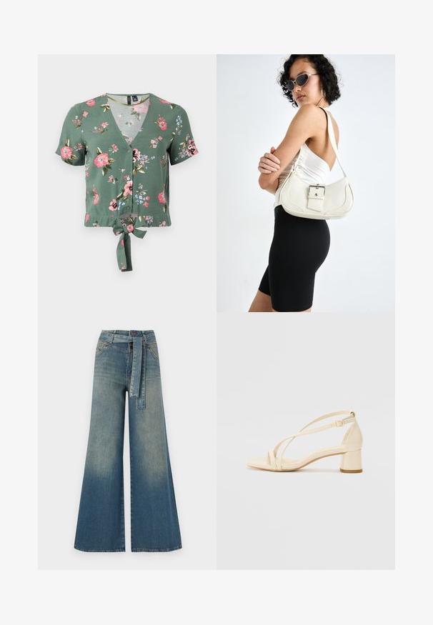 Zaļš ziedu raksta apgrieztais tops ar V-veida kakla izgriezumu, īsām piedurknēm, pogu aizdari un priekšējo saiti. Iezīmē rozā un zilu ziedu rakstus.; Platām kājām džinsu bikses ar gaismas līdz tumši zilam gradientam, augstu jostas līniju, jostas cilpām un atbilstošu auduma jostu. Tekstūrēts džinsas apdare.; Beige augstiem papēžiem ar bloku, ar siksniņu dizainu un regulējamu potītes siksniņu, izgatavoti no gludas sintētiskas materiāla ar matētu apdari.; Balta ādas rokassoma ar izliekta formu, regulējamu siksniņu un mazu sprādzi. Modelis valkā pieguļošu melnu apģērbu.