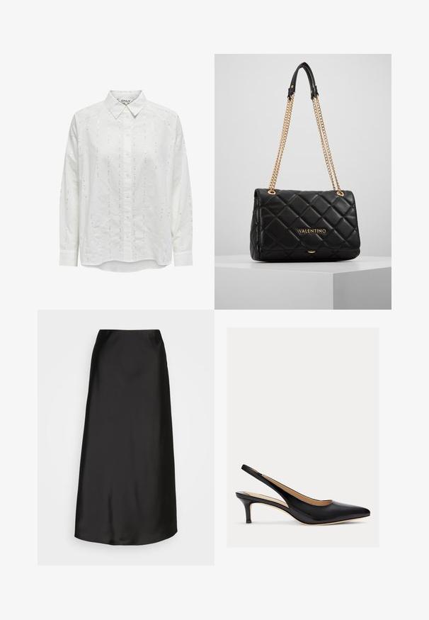 Hvid skjorte med knaplukning, der har en afslappet pasform, lange ærmer og lodrette pailetter, der er udsmykket over hele stoffet.; Sort satin midi-skjørt med en glat tekstur, A-formet snit og en subtil glans. Har et stilrent, enkelt design uden pynt.; Sorte patentlæder slingback-pumper med spids tå og en 2-tommer kitten hæl. Den har en glat tekstur og et minimalistisk design.; Sort kviltet læder håndtaske med guld kædeled og logo detaljer. Rektangulær form, glat tekstur, med en klaplukning.