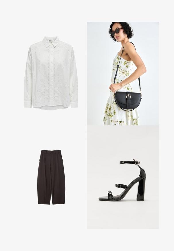 Valkoinen nappikauluspaidassa on rento istuvuus, pitkät hihat ja pystysuorat paljettikuviot kautta kankaan.; Mustat leveälahkeiset housut, jotka on valmistettu sileästä kankaasta. Niissä on korkea vyötärö, etupleatsit ja sivutaskut. Yksinkertainen muotoilu ilman koristeita.; Musta kiiltävä korkokenkä sandaalit neliönmuotoisella varpaalla, nilkkaremmillä ja hopeisilla soljilla. Varustettu tukevalla lohkokorkealla vakauden takaamiseksi.; Musta nahkainen käsilaukku, joka on kaareva muotoilultaan, irrotettavalla hihnalla ja kultaisilla yksityiskohdilla. Laukussa on läppä, jossa on solk yksityiskohta.