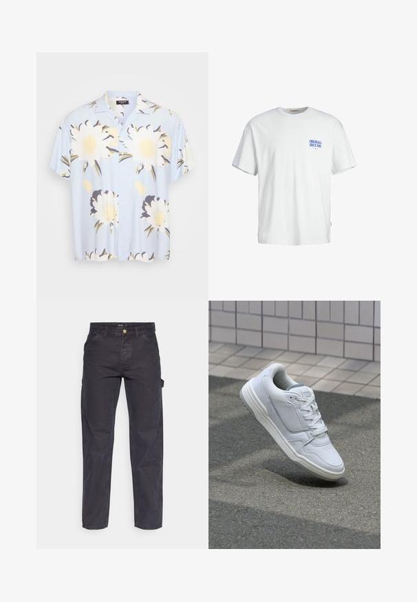 Světlé modré tričko s krátkým rukávem, které má velké bílé a žluté květinové vzory, zapínání na knoflíky, klasický límec a uvolněný střih.; Bílý bavlněný tričko s volným střihem, s modrým textem "ORIGINALS SINCE 1990" na levé straně hrudi a tkanou nášivkou na boku.; Tmavě šedé cargo kalhoty vyrobené z odolné látky, s rovnými nohavicemi, pěti kapsami a knoflíkovým zapínáním v pase.; Bílé kožené tenisky s perforovanými stranami, texturovanými detaily, plochými tkaničkami a kontrastní šedou patou. Mají mírně zvýšenou podrážku.
