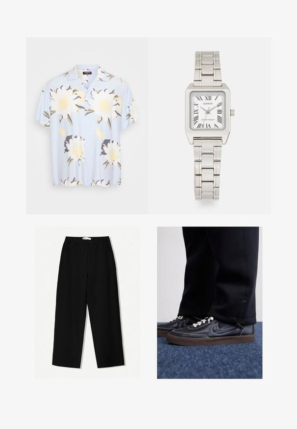 Camicia azzurro chiaro a maniche corte con grandi motivi floreali bianchi e gialli, chiusura con bottoni, colletto classico e vestibilità rilassata.; Top nero senza maniche con scollatura rotonda e spalline larghe. Realizzato in tessuto morbido, presenta una superficie liscia e un design semplice.; Pantaloni neri a gamba larga con un tessuto texturizzato, dotati di una vita elasticizzata e tasche laterali. Design semplice e minimale senza decorazioni.; Nike Sportswear KILLSHOT 2 LTR PRM OPP2 - Sneakers basse - black sail baroque brown mtlc dk grey; Orologio da polso in metallo argentato con cassa quadrata, quadrante bianco, numeri romani e bracciale a maglie argentate. Presenta un design resistente all'acqua.