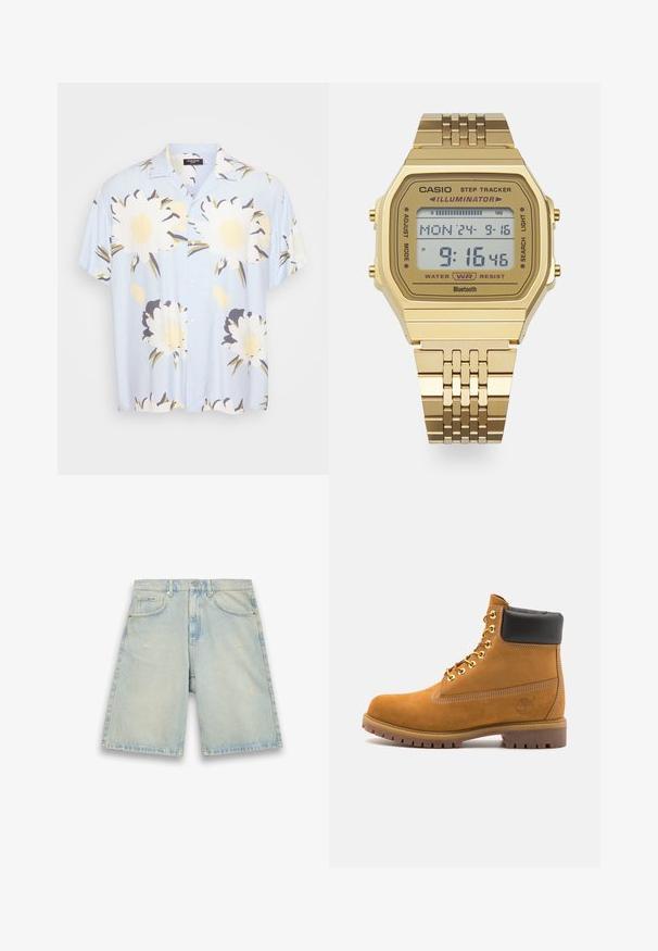 Lyseblå kortærmet skjorte med store hvide og gule blomsterprints, knaplukning foran, klassisk krave og afslappet pasform.; Lys blå denim shorts med løs pasform, fem lommer, let slid, og synlige søm. Har en lukning med knap og lynlås.; Tan nubuck ankelstøvle med sort polstret krave, gyldne metaløjer, hvid syning detaljer og robust gummisål med udtalte slidbaner.; Guld digital armbåndsur med rektangulær urskive, skridttællerfunktion, vandmodstand og metalled. Viser tid og dato.