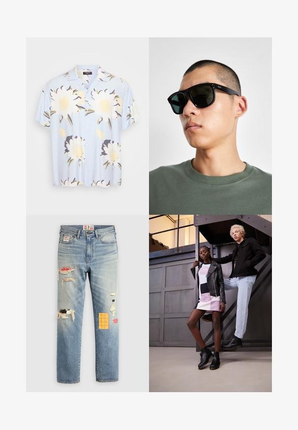 Camicia azzurro chiaro a maniche corte con grandi motivi floreali bianchi e gialli, chiusura con bottoni, colletto classico e vestibilità rilassata.; Jeans in denim blu chiaro con vestibilità rilassata, caratterizzati da toppe strappate in vari colori e motivi, inclusi accenti arancioni e rossi.; Due modelli posano su una scala metallica. Uno indossa una giacca di pelle nera sopra un abito a righe multicolori e stivaletti neri. L'altro indossa una giacca nera, jeans chiari e stivali neri.; Occhiali da sole rettangolari neri con lenti scure, caratterizzati da una forma distintiva e un marchio sulla parte tempiale. Indossati da una persona con una maglietta verde.