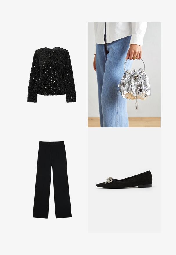 Musta paljettipaita pitkillä hihoilla, pyöreällä kaula-aukolla ja satiininarulla takana. Rakenteellinen pinta vaihtelevilla paljettikokoilla tuomaan kimallusta.; Mustat leveälahkeiset housut, jotka on valmistettu sileästä kankaasta. Housuissa on etunappi kiinnitys ja kaksi laskosta lisäyksinä. Yleisesti ottaen muotoiltu malli.; Mustaa nahkaa oleva tasapohjainen kenkä, jossa on terävä nenä, edessä koristeellinen hopeinen nauhaväli, matala korokepohja.; Hopeinen strassilla koristeltu ämpärilaukku, jossa on pyöreä metallinen kahva; sisältää nyöri sulkemisen ja ketjuviimeistelyä, asetettuna vaalean denimin ja valkoisen kankaan taustalle.