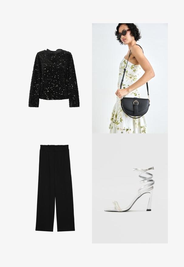 Top de mangas longas preto com lantejoulas, gola redonda e fita de cetim nas costas. Superfície texturizada com tamanhos de lantejoulas variados para um brilho especial.; Calças largas pretas com um cinto franzido, apresentando dois bolsos laterais e um tecido suave e leve. Sem padrões ou ferragens visíveis.; Sandalha de salto alto prateada com um design de tira brilhante, apresentando um detalhe semelhante a uma pérola e uma tira de tornozelo espiralada para um ajuste seguro.; Bolsa de couro preta com forma curva, alça destacável e detalhes em dourado. A bolsa possui uma aba com detalhe de fivela.