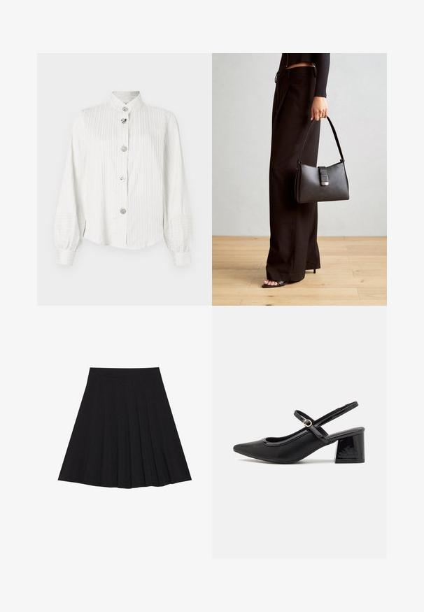 Fehér hosszú ujjú blúz vertikális csíkokkal, ballon ujjal, álló gallérral és öt dekoratív ezüstgombbal az elején.; Fekete, pliszírozott szoknya texturált anyagból, szűk derékpánttal. Térd alá ér, sima, letisztult vonalvezetéssel.; Fekete lakk bőr, pántos magassarkú cipő, hegyes orral, lekerekített kivágással és tömbsarkal. Arany színű csat díszíti.; Fekete kézi táska strukturált formával, sima textúrával és fémből készült záródással. Széles fekete nadrággal és nyitott orrú szandállal párosítva, fából készült padlón.