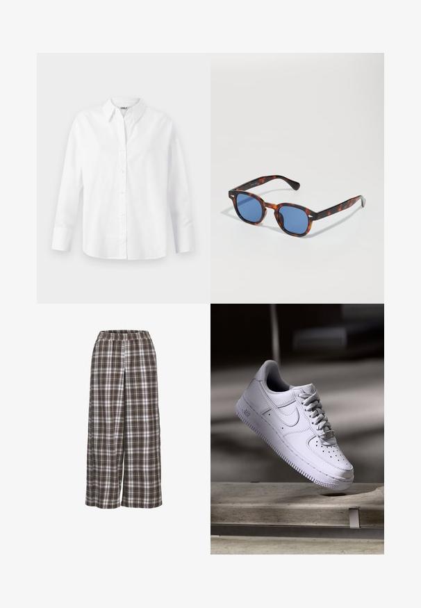 White collared shirt with long sleeves, made of smooth fabric. Features a button front and a relaxed fit. No patterns or accents present.; Wide-leg plaid pants in brown, white, and gray; elastic waistband; soft fabric; features a classic check pattern.; Nike Sportswear AIR FORCE 1 07 - Trainers - white; Tortoiseshell sunglasses with blue lenses, featuring a rounded frame and thin arms, highlighting a smooth texture and subtle design details.