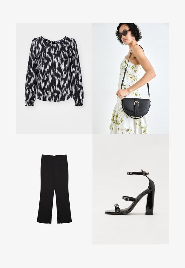 Schwarz-weiße Bluse mit langen Ärmeln im Ikat-Muster, mit Rundhalsausschnitt und gerafften Manschetten für eine lässige Passform.; Schwarze Hose mit geradem Schnitt, ausgestattet mit Fronttaschen und Seitenschlitzen am Saum. Hergestellt aus weichem, glattem Stoff. Geeignet für verschiedene Anlässe.; Schwarze patentierte Sandalen mit Absatz, quadratischer Spitze, Knöchelriemen und silbernen Schnallen. Mit einem stabilen Blockabsatz für mehr Stabilität.; Schwarze Lederhandtasche mit geschwungener Form, abnehmbarem Tragegurt und goldenen Beschlägen. Die Tasche verfügt über einen Deckel mit einer Schnallen-Details.