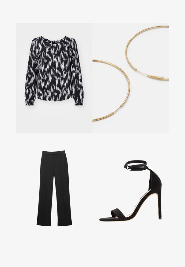 Černobílá blůza s dlouhým rukávem a ikat vzorem, s kulatým výstřihem a nařasenými manžetami pro uvolněný střih.; Černé kalhoty s rovným střihem vyrobené z hladké látky, s plochým předním dílem, poutky na opasek a bez viditelných kapes, s upraveným střihem.; Černé semišové sandály na vysokém podpatku s jednoduchým designem pásku, otevřenou špičkou a pásem kolem kotníku se stříbrnou sponou.; Zlaté kruhové náušnice, tenké a kulaté, s hladkým kovovým povrchem a bez zdobení či vzorů.; Černá kožená peněženka s překlopným víkem, zlatými prvky a logem. Obsahuje odnímatelný popruh pro nošení.