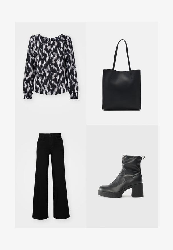 Čierna a biela blúzka s dlhým rukávom a ikat vzorom, ktorá má okrúhly výstrih a naťahovacie manžety pre voľný strih.; Čierne široké nohavice z denimu s pevným pásom, pútkami na opasok a prednými vreckami. Hladká štruktúra s klasickým dizajnom.; Čierne členkové topánky z hladkej kože, so bočným zipsom, robustnou textúrovanou pätnou časťou a zaobleným dizajnom špičky.; Čierna kožená taška na rameno s hladkým povrchom, obdĺžnikovým tvarom a dvoma dlhými uchami. Bez viditeľného kovania alebo ozdôb.