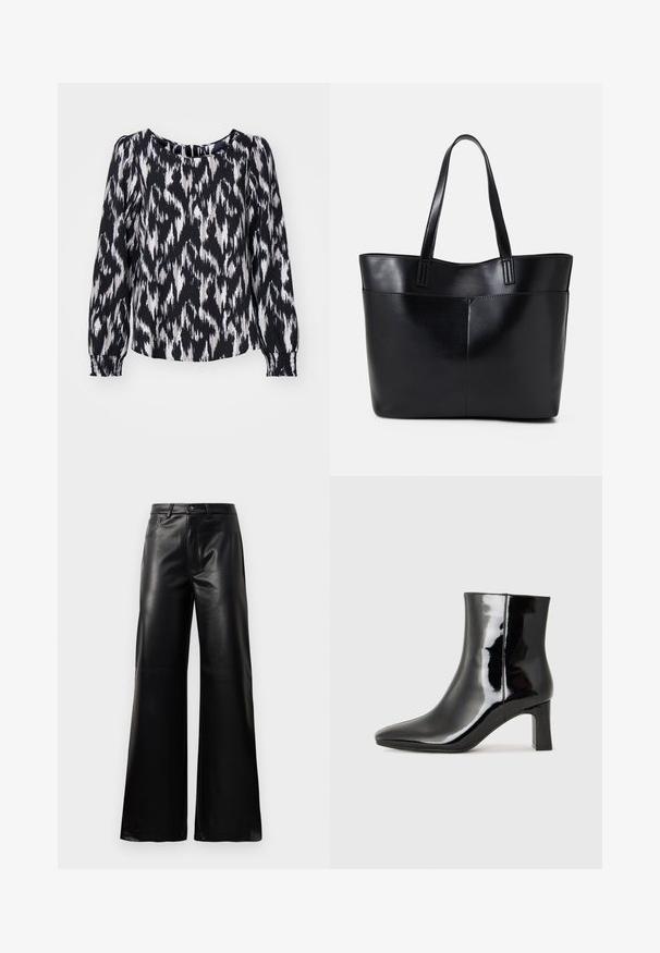 Czarna i biała bluzka z długim rękawem w wzór ikat, z okrągłym dekoltem i marszczonymi mankietami dla swobodnego kroju.; Czarne, wysokie na talii, szerokie spodnie z sztucznej skóry z guzikami z przodu, zapięciem na zamek, szlufkami na pasek i bocznymi kieszeniami na białym tle.; Czarne lakierowane botki za kostkę z wysmukłym noskiem i średniej wysokości obcasem w kształcie słupka. Gładka tekstura i minimalistyczny design.; Czarna skórzana torba na ramię z dwoma długimi uchwytami, gładką teksturą i sztywną formą. Posiada przednią kieszeń dla dodatkowego przechowywania.
