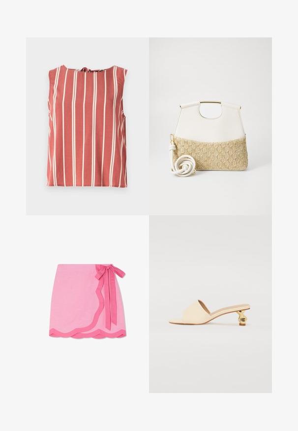 Rød tanktop med lodrette hvide striber, rund halsudskæring og en knudedetalje bagpå. Fremstillet af letvægtsstof, har en afslappet pasform.; Lyserød linned indpakningsskørt med en bølget kant, der har et kontrasterende mørkere lyserødt bånd i taljen og en glat tekstur.; RAID ATHENA - Hjemmesko - cream; Hvid læder taske med en struktureret, cremet vævet bund. Har et guldtonet håndtag og en snoet hvid rem for alsidighed.