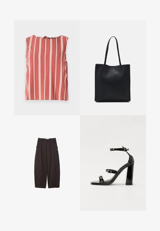 Rotes Tanktop mit vertikalen weißen Streifen, rundem Ausschnitt und einer Bindung im Rücken. Hergestellt aus leichtem Gewebe, hat es eine lockere Passform.; Schwarze weit geschnittene Hosen aus einem glatten Stoff, mit hoher Taille, Frontfalten und Seitentaschen. Schlichtes Design ohne Verzierungen.; Schwarze patentierte Sandalen mit Absatz, quadratischer Spitze, Knöchelriemen und silbernen Schnallen. Mit einem stabilen Blockabsatz für mehr Stabilität.; Schwarze Laptoptasche aus Leder mit glatter Textur, rechteckiger Form und zwei langen Griffen. Keine sichtbaren Beschläge oder Verzierungen.