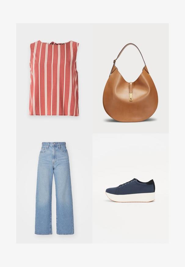 Piros ujjatlan póló függőleges fehér csíkokkal, kerek nyakkivágással és hátul megkötő részletgel. Könnyű anyagból készült, laza fazonú.; Világoskék, magas derekú, bő szárú farmernadrág, elülső gombbal és cipzárral, elülső és hátsó zsebekkel, fehér háttérrel.; Sötétkék sportcipő, texturált szövet felsőrész, fehér platform talp, lekerekített orr és fekete sarok akcentussal. Hat fűzőlyuk található rajta.; Barna bőr kézitáska íves formával és széles vállpánttal. Középen arany fém díszítéssel és sima felülettel rendelkezik.