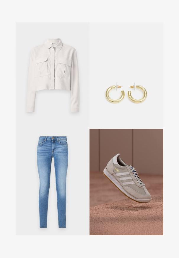 Lühi hallist karedast riidest jakk. Omab kraega kaelust, esist lukku ja kahte rinna-taskut. Pikad varrukad.; Kitsas lõikega helesinised denim teksad keskmise kõrgusega vöökohaga, esise nupuga ning viie taskuga disainiga.; Beežid tossud seemisnahast ja võrgust pealisega, valged kolm triipu, kummisest pruunid tallad, sinised paelad ja kuldse aktsendiga logo. Klasuurne retrodisain.; Kuldne rõngassõrmused sileda ja läikiva viimistlusega. Ringikujuline disain, millel on väike post ja selge tagumine külg, et tagada kindel kandmine.