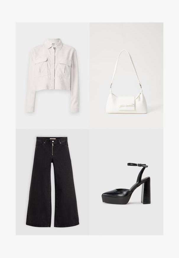 Rövidített, világosszürke kordbársony kabát. Gombos nyaka van, elöl cipzárral záródik, és két mellzsebe van. Hosszú ujjú.; Fekete denim széles szárú farmer, cipzáros elejével, öt zsebes kialakítással és diszkrét varrással. Sima textúra és laza stílus.; Fekete platform magassarkú cipők hegyes orral és állítható bokapánttal. Sima bőrből készült, vastag talppal.; Fehér szintetikus kézitáska, háromszög alakú, lapos előlap, masni részlettel, állítható pánttal, sima textúrával és minimalista dizájnnal.