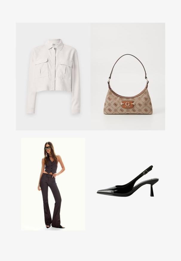 Skratená svetlo šedá bunda vyrobená z kordovej látky. Obsahuje golier, predné zapínanie na zips a dve náprsné vrecká. Dlhé rukávy.; Hnedý pruhovaný skrátený zest a rozšírené nohavice, obsahujúce gombíky a textúrovanú látku. Čierne otvorené topánky a nadmerné slnečné okuliare.; Čierne lakované kožené slingback lodičky s špicatou špičkou, vyrezávanými bokmi, nastaviteľným remienkom okolo členka a tenkým, elegantným podpätkom.; Taška cez rameno z béžovej tkaniny s hnedými vzorovanými akcentmi. Má zakrivený tvar, jedno ramenné ucho a prednú značkovú plaketu so striebornými kovovými prvkami.