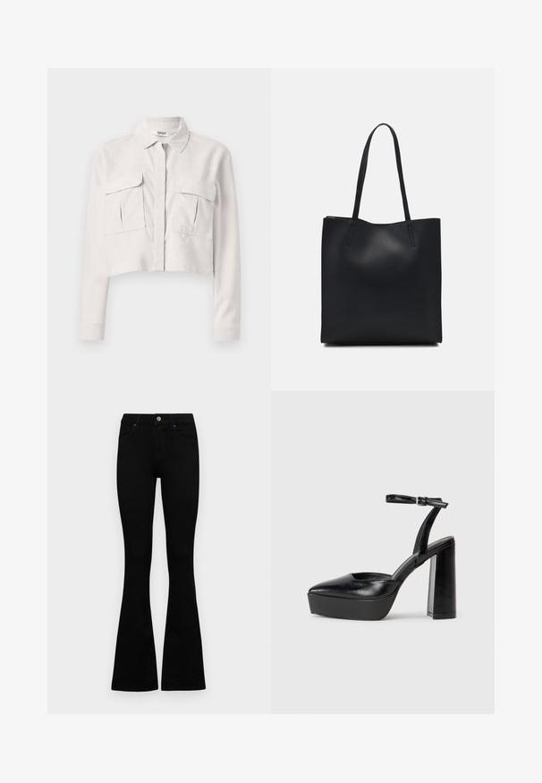 Cropped, light grey jacket made of corduroy. Features a collared neck, front zip closure, and two chest pockets. Long sleeves.; Black high-waist jeans with a button and zip closure, front pockets, and flared legs laid flat on a white background.; Black platform heels with a pointed toe and adjustable ankle strap. Constructed from smooth leather, featuring a chunky block heel.; Black leather tote bag with smooth texture, rectangular shape, and two long handles. No visible hardware or embellishments.