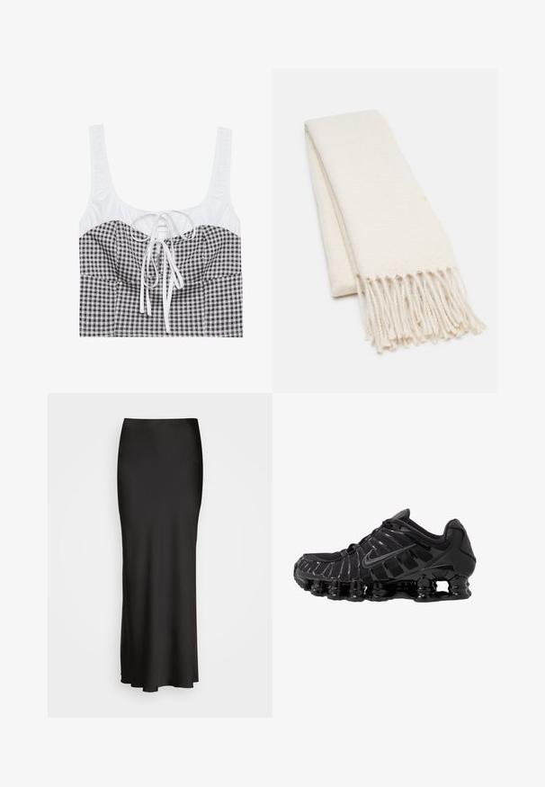 Juodai–baltas šachmatų rašto trumpas viršus su tekstūruotu baltu viršumi, kvadratiniu iškirpimu ir reguliuojamu raišteliu centre. Turi plačias petnešas.; Juodas, grindų ilgio satino sijonas su lygiu paviršiumi, prigludusia juosmens juosta ir A formos siluetu, neturintis matomų dekoracijų ar raštų.; Juodas sportinis batai su tinklinėmis viršutinėmis dalimis ir blizgiomis detalėmis. Yra kreivai suformuota spyruoklinė amortizacija ir tekstūruoti brūkšniai šone. Matomas Nike logotipas.; Balta šalikėlis su tekstūriniu raštu, turintis pūkuotas galas. Medžiaga atrodo minkšta ir lengva, tvarkingai sulankstyta ekspozicijai.; Juodas tote maišas, pagamintas iš tekstūruotos medžiagos, turintis dvi ilgas rankenas ir paprastą, minimalistinį dizainą be matomų detalių.