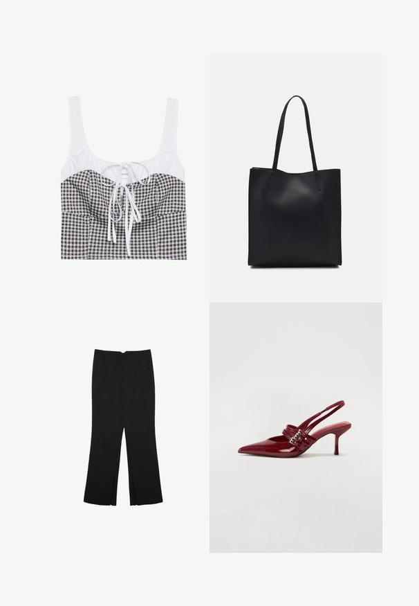 Černobílý kostkovaný crop top s texturovaným bílým vrškem, čtveratým výstřihem a nastavovací šňůrkou uprostřed. Má široká ramínka.; Černé kalhoty s rovným střihem, s předními kapsami a bočními rozparky na lemu. Vyrobené z jemné, hladké tkaniny. Vhodné na různé příležitosti.; Červené lakované kožené lodičky na podpatku s špičatou špičkou, dvěma přezkami a štíhlým, středně vysokým jehlovým podpatkem. Hladký povrch.; Černá kožená taška přes rameno s hladkým povrchem, obdélníkovým tvarem a dvěma dlouhými uchy. Žádné viditelné kování ani ozdoby.
