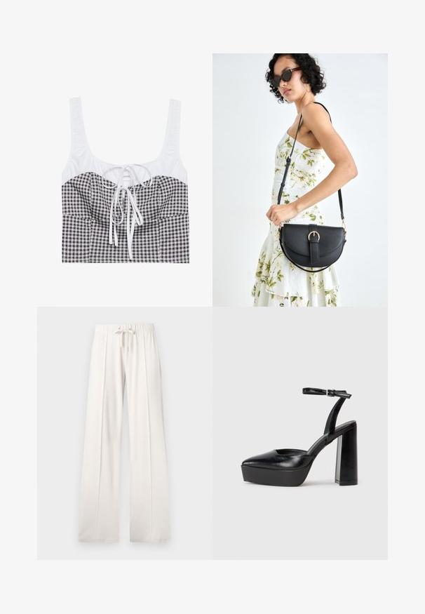 Top cropped quadrado em preto e branco com uma parte superior texturizada em branco, decote quadrado e laço ajustável ao centro. Apresenta alças largas.; Calças de fato de treino beija claro, feitas de um tecido suave, com cintura elástica ajustável, pernas largas e costuras verticais, apresentando uma textura lisa.; Saltos altos pretos com bico fino e atilho ajustável no tornozelo. Confeccionados em couro suave, apresentam um salto bloco robusto.; Bolsa de couro preta com forma curva, alça destacável e detalhes em dourado. A bolsa possui uma aba com detalhe de fivela.