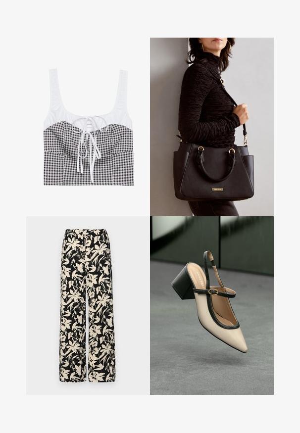 Black and white checkered crop top with a textured white upper, square neckline, and adjustable tie at the center. Features wide straps.; Black wide-leg pants with a cream floral pattern. Made of lightweight fabric, featuring a smooth texture and a high waistband.; Beige pointed-toe slingback shoe with black trim, gold buckle, and a chunky block heel on gray floor with dark green background.; Black handbag with textured surface, dual top handles, and adjustable shoulder strap. Features gold-tone hardware and side pockets.