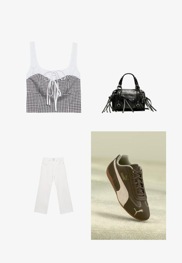 Sort og hvid ternet cropped top med en struktureret hvid overdel, firkantet udskæring og justerbar snor i midten. Har brede stropper.; Hvide denim bred ben bukser med en klassisk fem-lomme design, metalhardware og kontraststing. Glat tekstur og afslappet pasform.; Brune Puma sneakers med beige stribe og logo, snøret, hvilende på en struktureret beige overflade.; Sort læderhandtaske med flettede håndtag, tekstureret overflade, lynlåslomme foran og dekorative frynse-accenter. Kompakt og struktureret form.