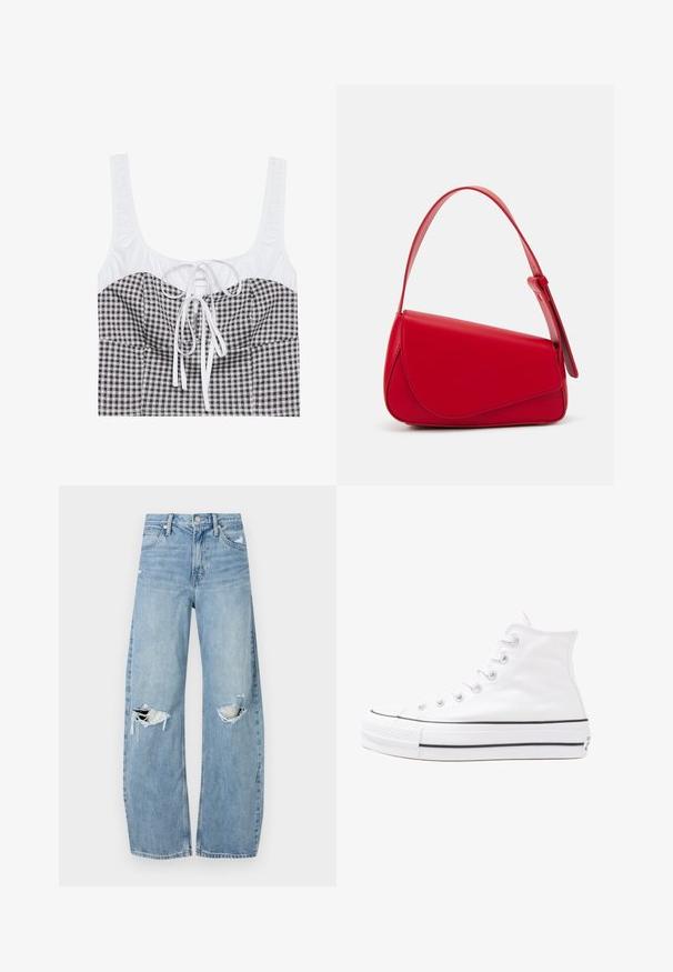 Schwarz-weißer kariertes Crop-Top mit strukturiertem weißen Oberteil, quadratischem Ausschnitt und verstellbarem Band in der Mitte. Verfügt über breite Träger.; Helles, hochtailliertes Jeans aus Denim. Hat weit geschnittene Beine, zwei aufgerissene Kniebereiche und klassischen Fünf-Taschen-Stil.; Weiße hochwertige Leinensneaker mit schwarzer Gummisohle, vorderem Gummizehenschutz und sechs Ösen für Schnürsenkel, die ein sauberes, minimalistisches Design aufweisen.; Rote Lederhandtasche mit einem kantigen, geometrischen Design. Verfügt über einen verstellbaren Schulterriemen und einen Klappenverschluss mit genähten Details.