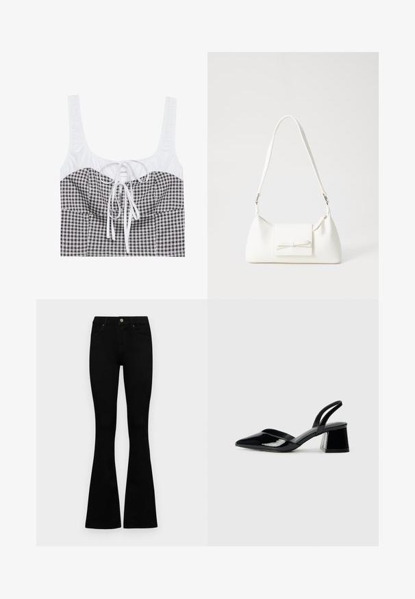 Fekete-fehér kockás rövid felső, texturált fehér felsőrészsel, négyzet alakú dekoltázzsal és állítható megkötővel a középen. Széles pántokkal rendelkezik.; Fekete, magas derekú farmernadrág gomb- és cipzárzárral, elülső zsebekkel és harangszárral, laposan egy fehér háttérre terítve.; Fekete lakk bőr szandálkés magas sarkú cipő, hegyes orral és geometrikus tömbsarkakkal. Karcsú, minimalista dizájn és sima textúra jellemzi.; Fehér szintetikus kézitáska, háromszög alakú, lapos előlap, masni részlettel, állítható pánttal, sima textúrával és minimalista dizájnnal.